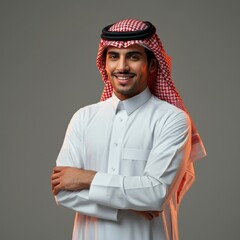 Portrait of a smiling arabian businessman with arms crossed on grey background