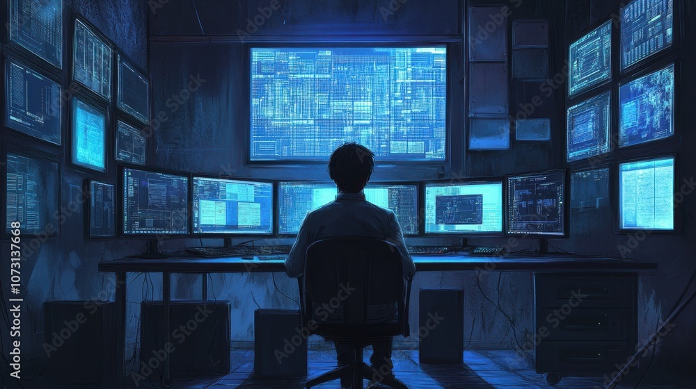 Poster young person focused on multiple computer screens showing data analysis in a dark room, symbolizing 