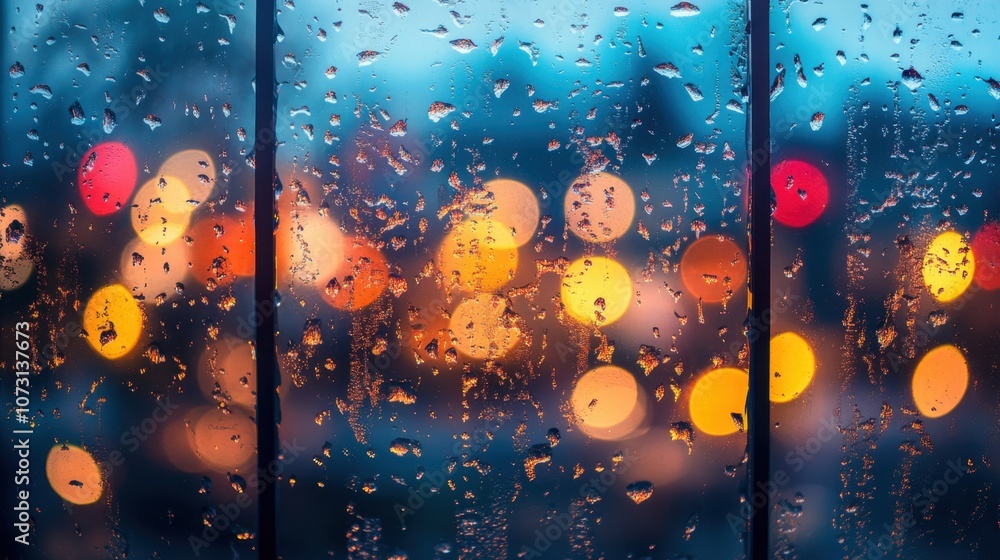 Aufkleber raindrops on window pane with colorful bokeh lights in the background creating a cozy and atmospheri