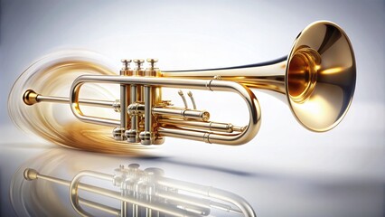 Obraz premium Vintage Golden Trumpet Isolated on White Background with Long Exposure Effects, Showcasing Elegant Curves and Intricate Details for Musical Instrument Photography