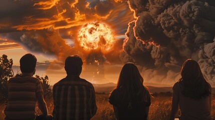 Beneath a darkened sky, four individuals stand together, transfixed by a towering atomic explosion in the distance, surrounded by swirling clouds of orange and white