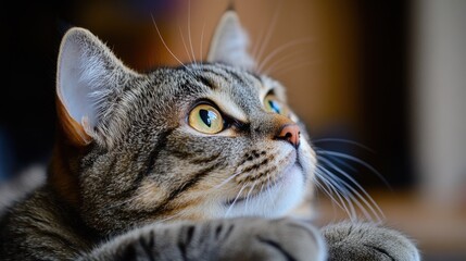 Close-Up of a Domestic Cat with Striking Yellow Eyes and Detail-Rich Fur Gazing Upward in a Cozy Indoor Environment with Soft Lighting