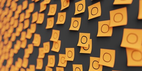 Many orange stickers on black board background with circle symbol drawn on them. Closeup view with narrow depth of field and selective focus. 3d render, Illustration