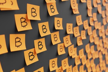 Many orange stickers on black board background with bitcoin symbol drawn on them. Closeup view with narrow depth of field and selective focus. 3d render, Illustration