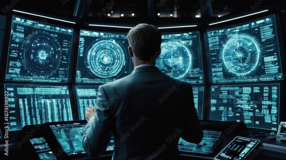Poster business professional engaged in data analysis in a futuristic control room with multiple digital sc