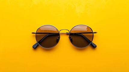 A pair of round sunglasses on a yellow background.