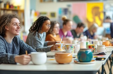 A group of diverse people with special needs engaged in an art workshop, painting and crafting mugs on white tablecloths.