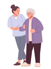 Fototapeta premium A nurse helps an elderly woman to walk.Home care services for seniors. Nurse or volunteer worker taking care of an elderly woman.