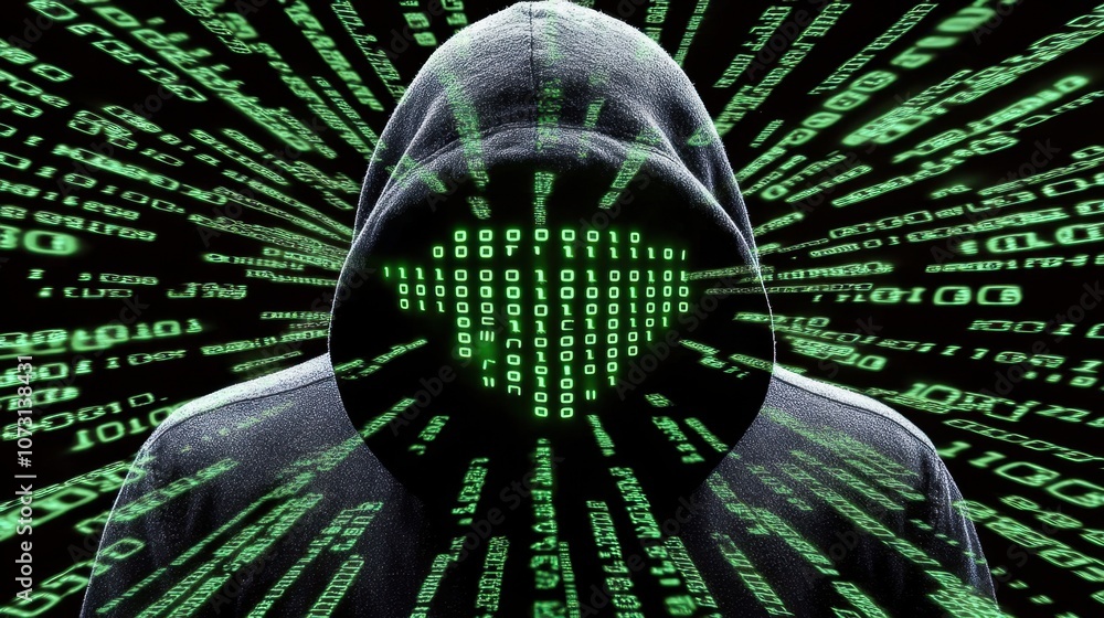 Poster mysterious figure in a hooded sweatshirt surrounded by green binary code representing cyber security