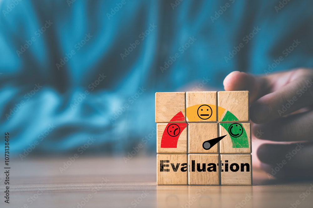 Poster Businessman holding wooden cube block which print screen excellent score of product and service evaluation scale for customer satisfaction concept.