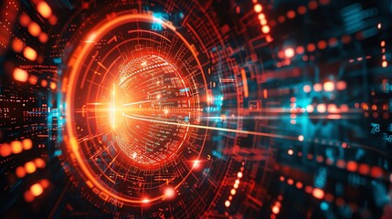 Abstract futuristic background with a glowing orange circle and lines of code.