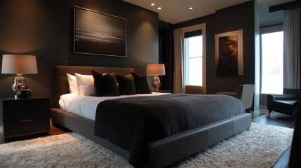 Luxurious Modern Bedroom Design with Dark Tones and Elegant Furnishings, Featuring Soft Lighting and Cozy Atmosphere for Relaxation and Comfort
