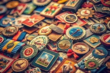 Fototapeta premium Vintage Retro Labels and Badges Collection Featuring Unique Stamps and Ribbons in a Tilt-Shift Photography Style for Creative Design and Crafts