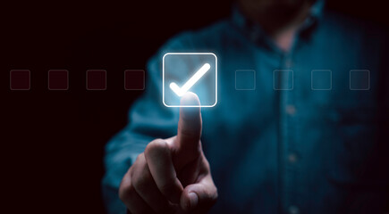 Businessman touring to virtual screen correct sign mark icon.