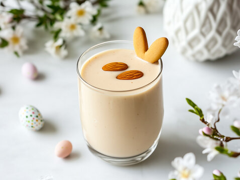 Easter-Themed Almond Milk Smoothie with Fresh Spring Blossoms and Pastel Eggs - Healthy Holiday Beverage Concept