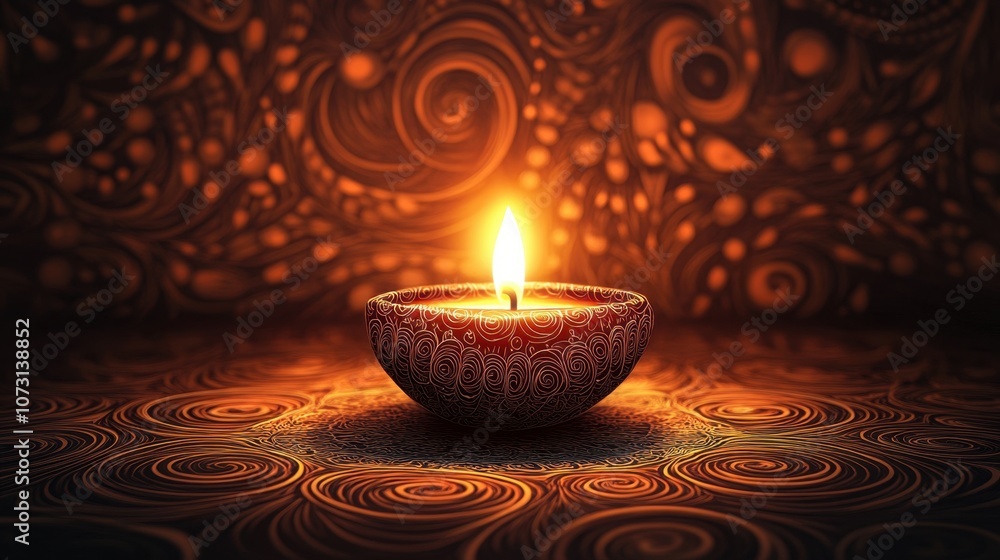 Poster beautifully crafted candle light in a dark room with intricate patterns highlighted by flame and sof
