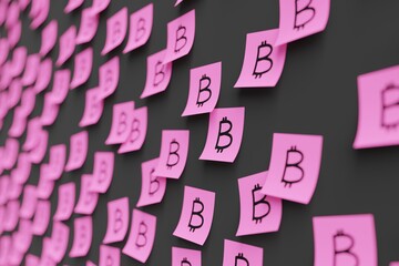 Many pink stickers on black board background with bitcoin symbol drawn on them. Closeup view with narrow depth of field and selective focus. 3d render, Illustration