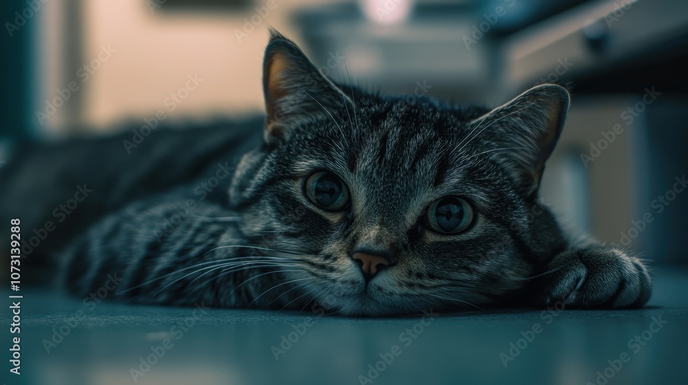 Poster close-up of a relaxed tabby cat resting on a smooth surface with a soft interior background and deep