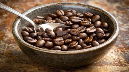 Fototapeta premium Rustic Bowl of Freshly Roasted Coffee Beans with Metallic Spoon on Textured Background, Perfect for Coffee Lovers and Culinary Enthusiasts