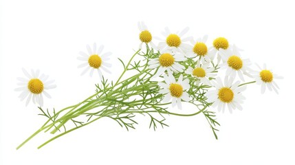 Fresh chamomile flowers arranged on a white background: delicate blooms and green stems