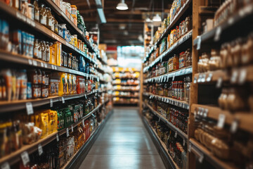 Aisle in a grocery store filled with various packaged products and goods, well-organized on shelves under bright lighting, creating a vibrant and busy atmosphere.