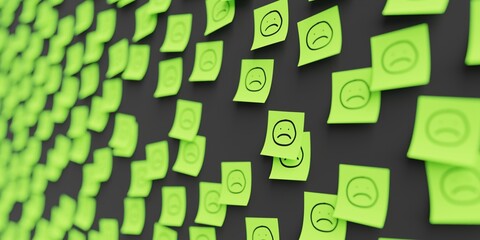 Many green stickers on black board background with sad face symbol drawn on them. Closeup view with narrow depth of field and selective focus. 3d render, Illustration