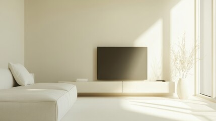 Minimalist Living Room Interior With Modern Furniture, Large Window, Natural Light, Television, Couch, White Decor, and Decorative Plant Elements for a Serene Atmosphere