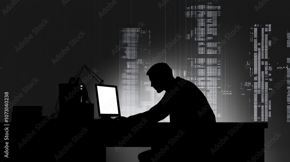 Poster silhouette of a person working late at night on a computer with a cityscape background illuminated b