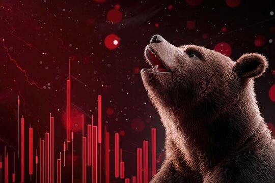 A majestic bear gazes upwards against a dynamic red backdrop, embodying strength and nature's power.