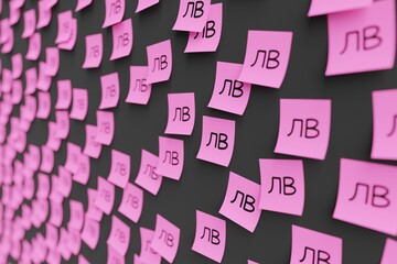 Many pink stickers on black board background with symbol of Kazakhstan tenge drawn on them. Closeup view with narrow depth of field and selective focus. 3d render, illustration