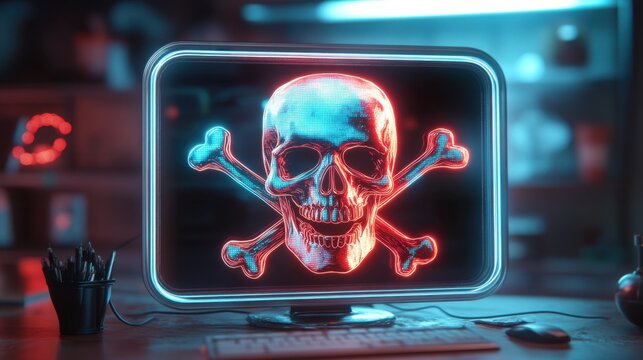 Neon Skull and Crossbones Graphic on Computer Screen with Dramatic Lighting and a Dark Background Perfect for Cybersecurity Themes and Digital Art Projects - Powered by Adobe