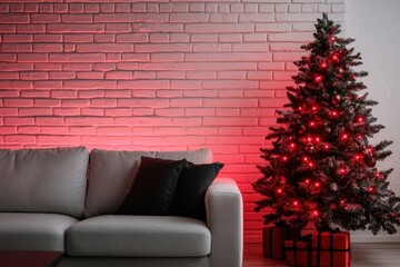 Cozy Living Room with Christmas Tree and Brick Wall