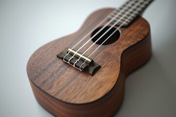 Brown wooden ukulele is lying on a white background