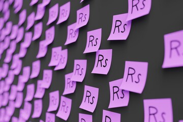 Many violet stickers on black board background with symbol of Sri Lanka rupee drawn on them. Closeup view with narrow depth of field and selective focus. 3d render, illustration