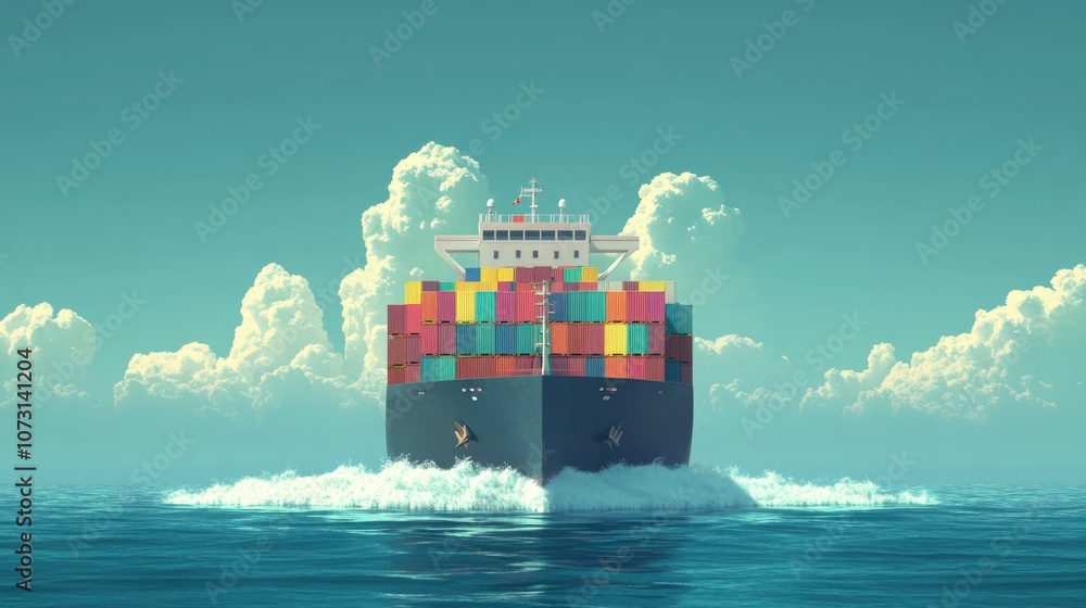 Poster container ship navigating through calm waters under a bright sky with clouds and reflection, showcas