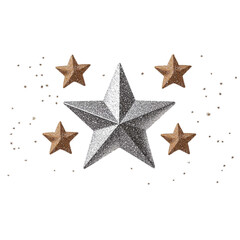 Obraz premium A sparkling silver star surrounded by golden stars on a light background, perfect for festive decorations and holiday celebrations.