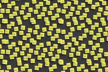 Many yellow stickers on black board background with symbol of Croatia kuna drawn on them. Flat view. 3d render, illustration