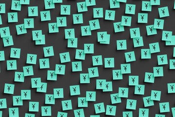 Many teal stickers on black board background with symbol of Japan yen drawn on them. Flat view. 3d render, illustration