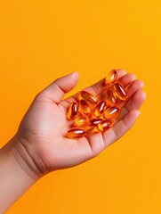 Fototapeta premium A hand holding several orange capsules on a vibrant yellow background, symbolizing health and wellness.