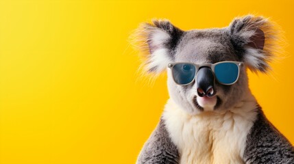 koala bear wearing sunglasses on a yellow color background, vector art, digital art, faceted, minimal, abstract, panorama background. Generative AI.