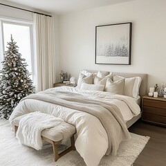 Create a cozy winter bedroom with elegant decor and a christmas tree