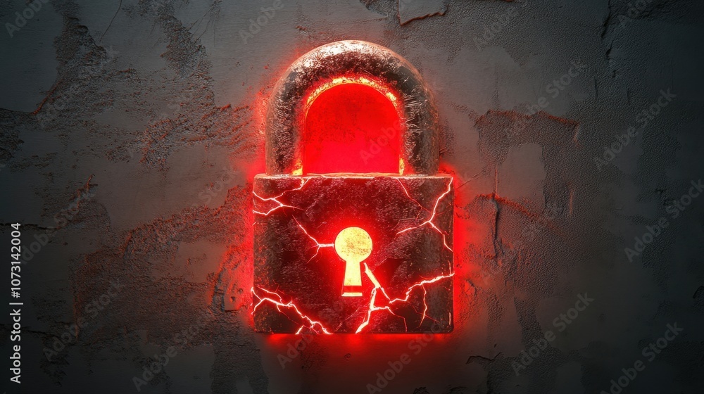 Aufkleber rusty lock with glowing red accent and cracks on industrial background representing security and pro