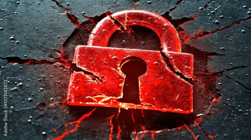 Poster cracked surface with a glowing red padlock symbolizing security breach and vulnerability in digital 