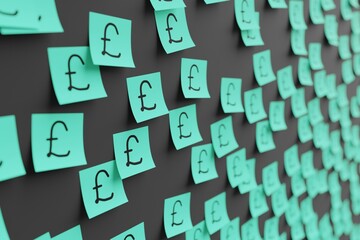 Many teal stickers on black board background with symbol of Syria pound drawn on them. Closeup view with narrow depth of field and selective focus. 3d render, illustration