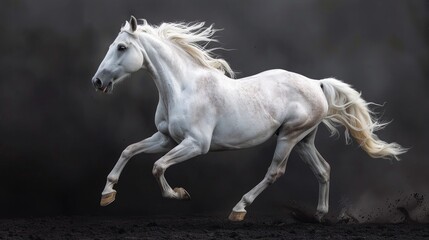 White andalusian horse with long mane run gallop isolated on black background