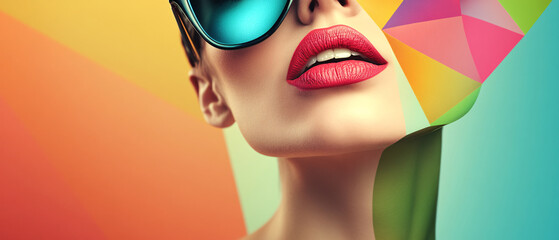 Closeup of Womans Lips with Red Lipstick and Sunglasses Against Colorful Background, Closeup of Womans Lips with Red Lipstick and Sunglasses Against