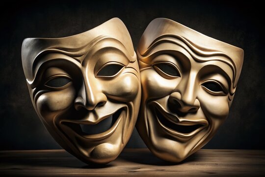 Vintage Style Photography of Happy Sad Masks for a Tragicomic Theatre Show with a White Design on a Dramatic Black Background