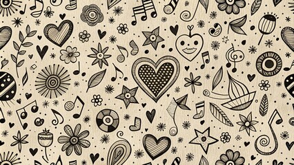 Vintage Style Photography of Playful Doodle Patterns Featuring Hearts, Music Notes, Geometric Shapes, and Whimsical Characters in Black and White