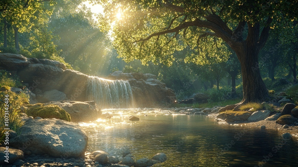 Poster sunbeams illuminate a tranquil forest scene with a cascading waterfall and a calm stream.