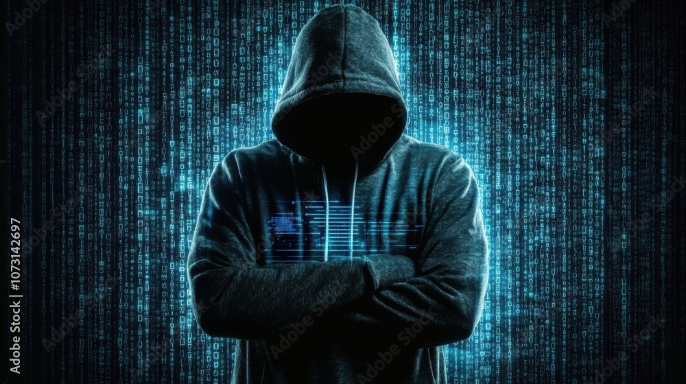 Poster mysterious figure in dark hoodie surrounded by digital code and binary numbers representing cybersec